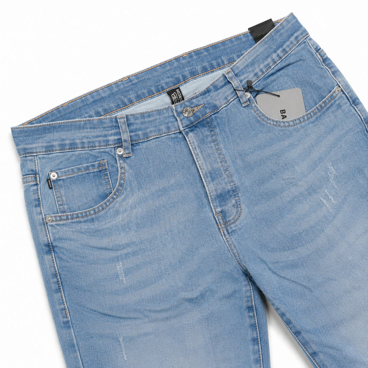 Light wash blue straight fit jeans detail