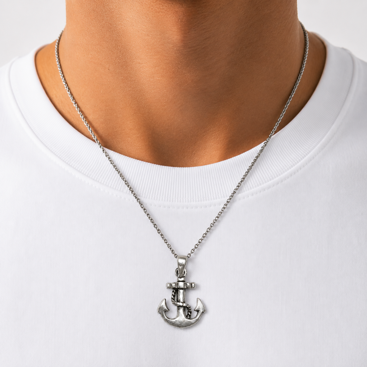 Anchor pendant necklace on model