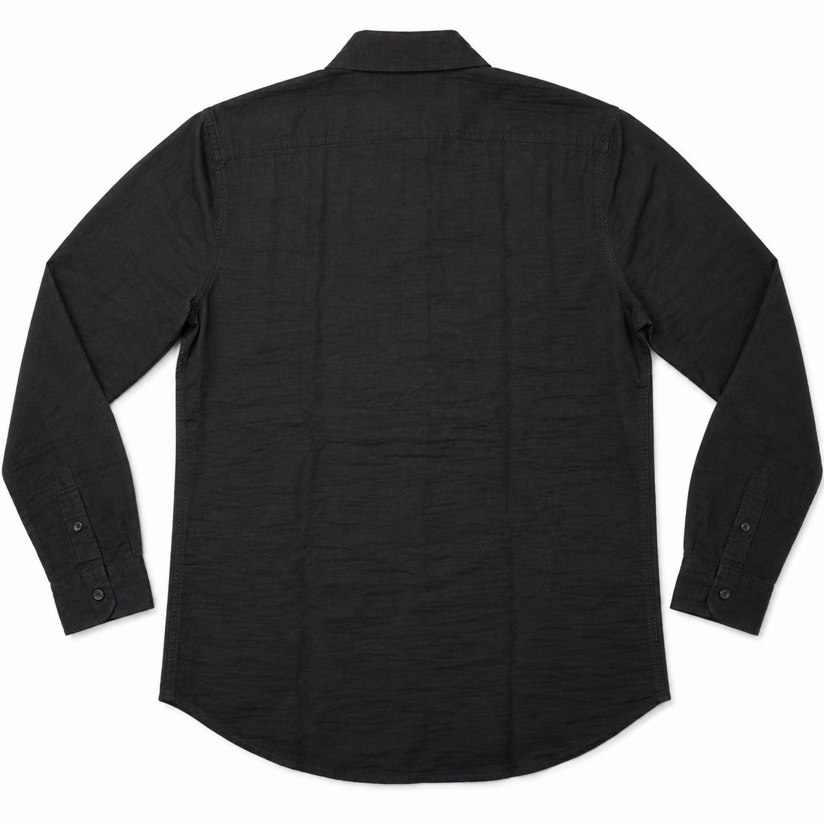 Black linen button-down shirt back view
