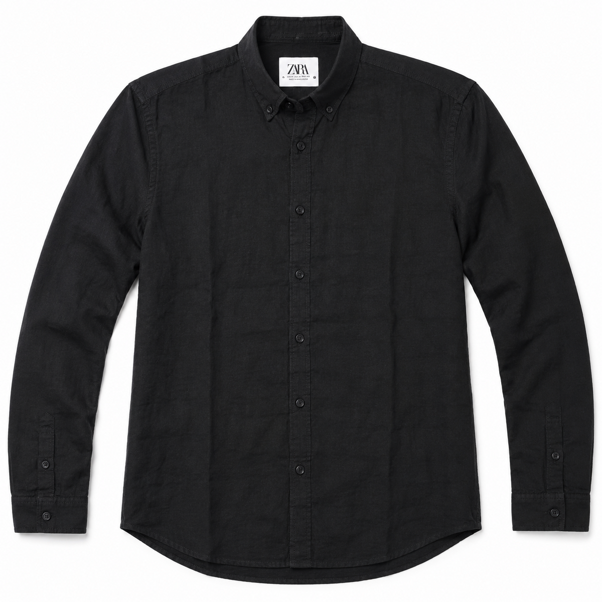 Black linen button-down shirt front view