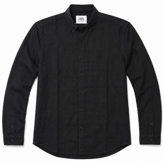 Black linen button-down shirt front view