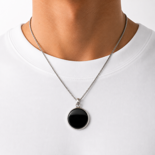 925 Italian silver black stone necklace worn on model