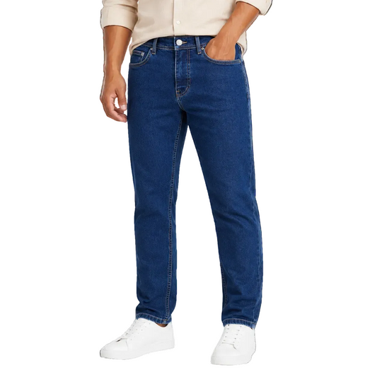 Dark blue straight fit jeans worn by model
