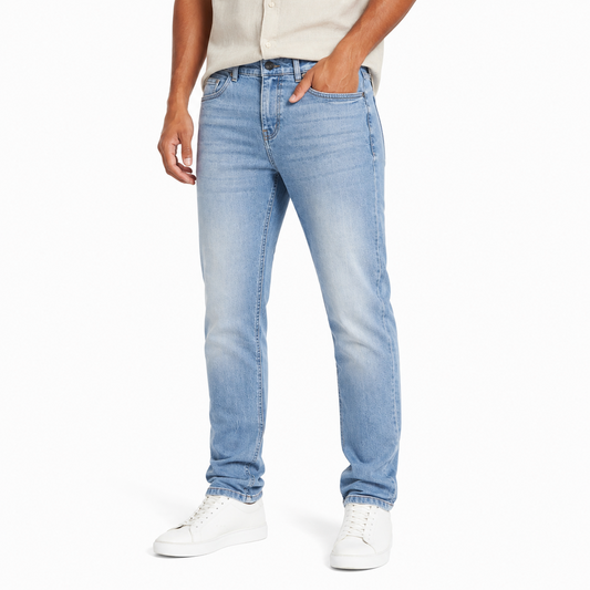 Light Wash Blue Straight Fit Jeans on model