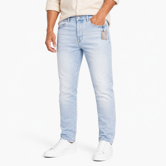 Pale Wash Blue Straight Fit Jeans worn
