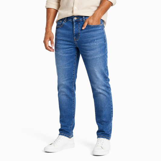 Medium Blue Straight Fit Jeans on model