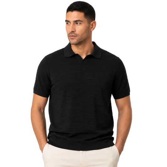 Noir Deck Textured Knit Polo black worn by model
