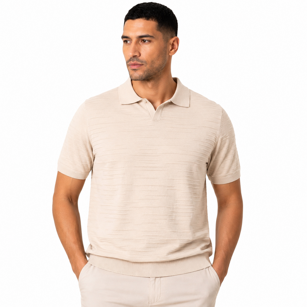 Sand Negroni Textured Knit Polo worn by model