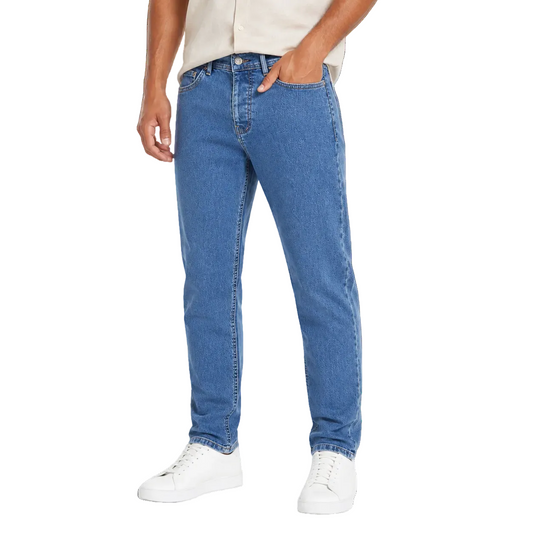 The Descents Straight Fit Jeans in Mid Blue, on model