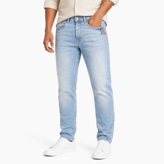 Straight Fit Light Wash Blue Jeans worn by model