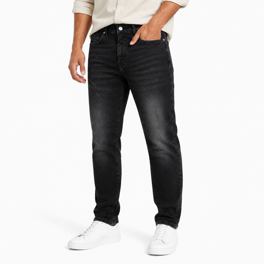 Straight Fit Washed Black Jeans worn by model