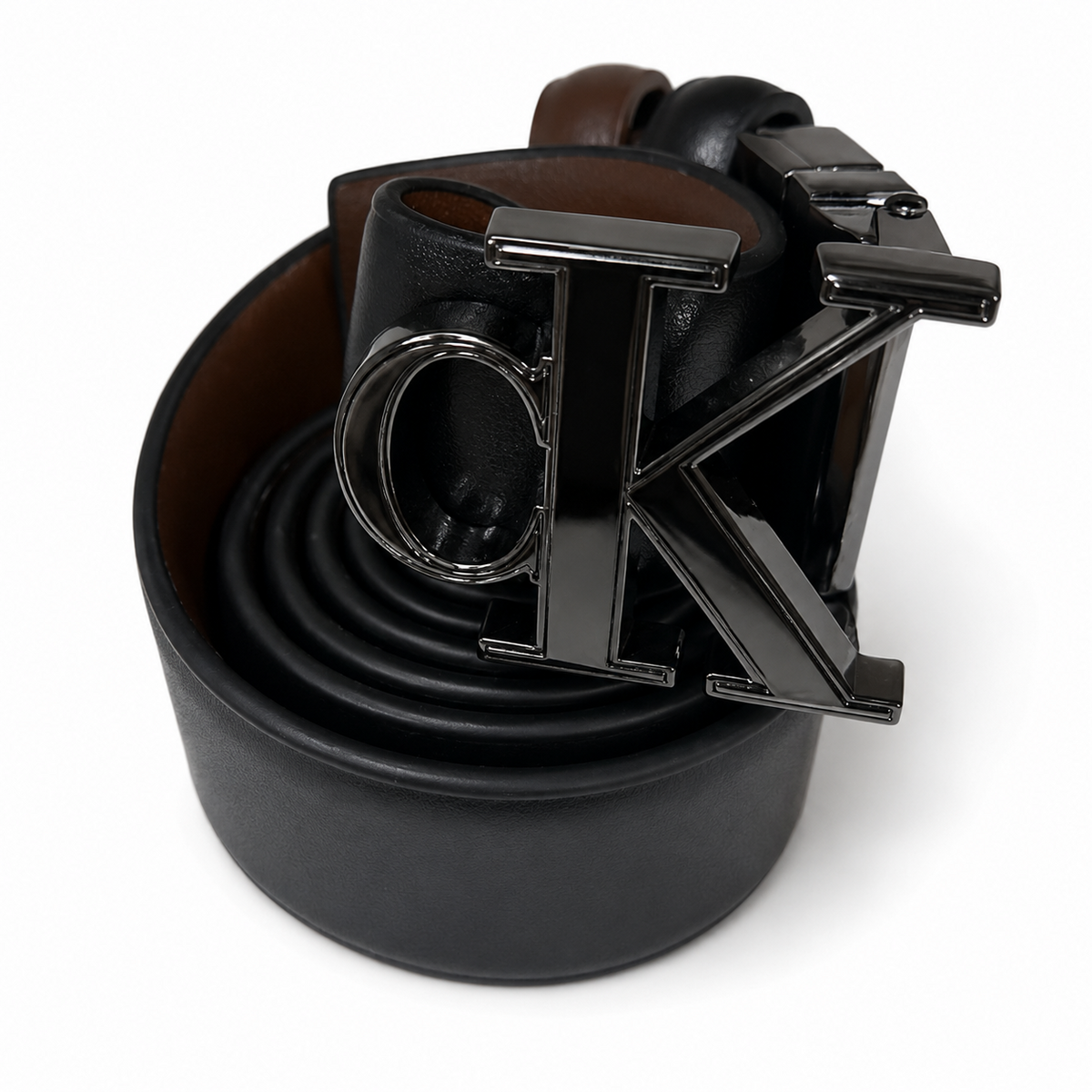 THE DESCENTS Black Leather Belt with Gloss Black CK Buckle