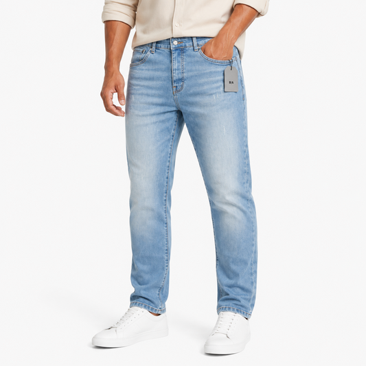 Washed Mid Blue Straight Fit Jeans worn on model
